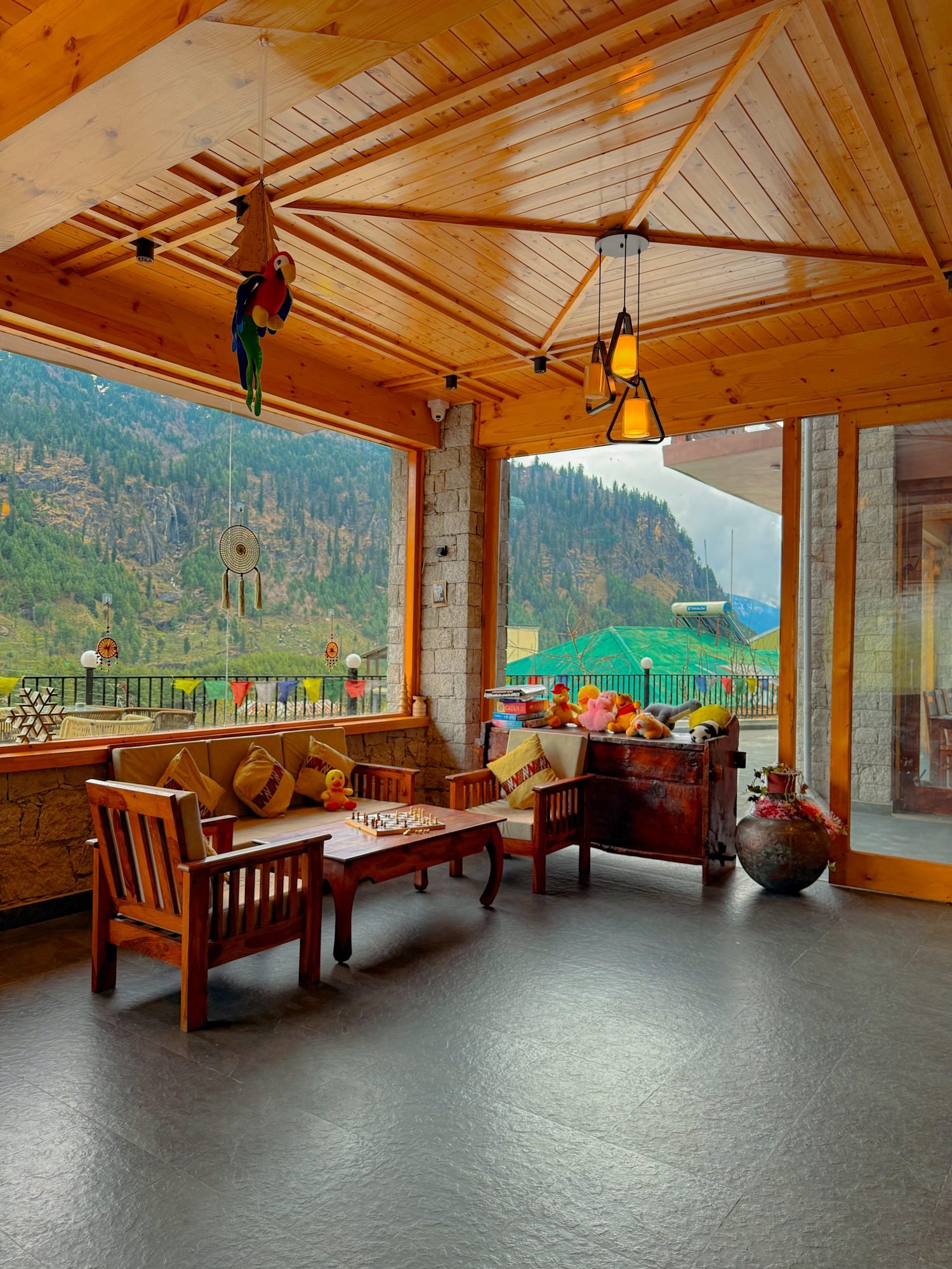 The sitting room, prayer flags outside